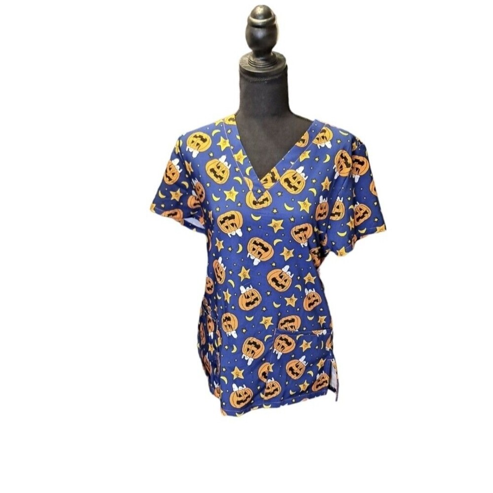Peanuts Halloween Scrub Top Pumpkin Jack O Lantern Snoopy size M
